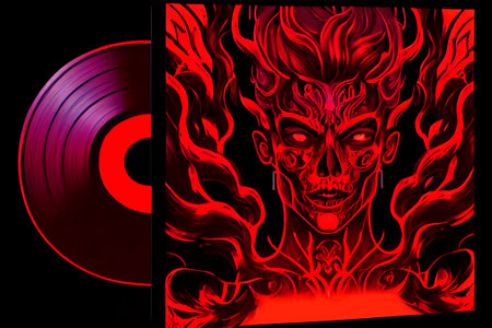 Track cover design in the style of tormented demons from hell. Bloodthirsty monster with blood on the cover of the disc. Art on vinyl. Skull with red flames. 3d illustrationの写真素材
