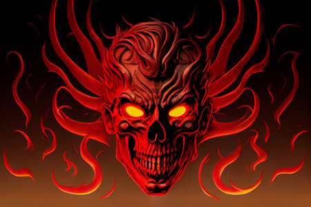 Track cover design with tormented demons from hell on a red-dark background. Head of a bloody skull with bloody flames.Scary and bloodthirsty monster with a wide smile.3d renderingの写真素材