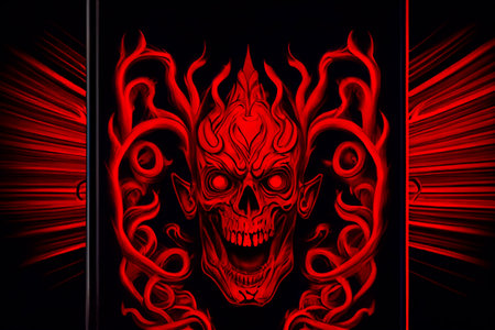 Track cover design in the style of tormented demons from hell. Bloodthirsty monster with blood on the cover of the book. Art with a skull with red flames on a dark backgroundの写真素材