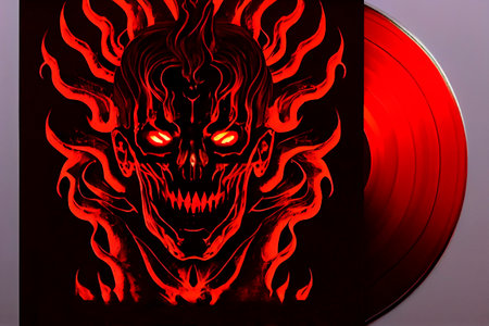 Track cover design in the style of tormented demons from hell. Bloodthirsty monster with blood on the cover of the disc. Art on vinyl. Skull with red flames. 3d illustrationの写真素材