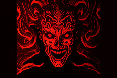 Track cover design with tormented demons from hell on a red-dark background. Head of a bloody skull with bloody flames.Scary and bloodthirsty monster with a wide smile.3d renderingの写真素材