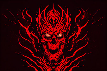 Track cover design with tormented demons from hell on a red-dark background. Head of a bloody skull with bloody flames.Scary and bloodthirsty monster with a wide smile.3d renderingの写真素材