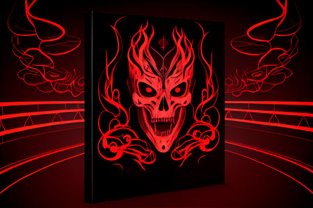 Track cover design in the style of tormented demons from hell. Bloodthirsty monster with blood on the cover of the book. Art with a skull with red flames on a dark backgroundの写真素材