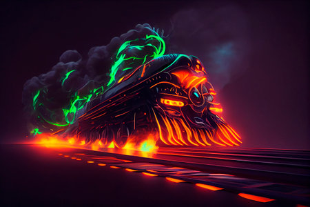 3D rendering of a futuristic spaceship with glowing neon lights in the background. Neon locomotive train on the road from the rails at night. 3D illustration.の写真素材