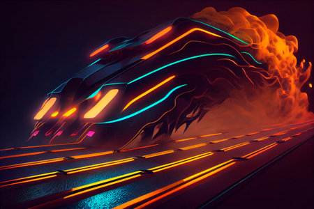3D rendering of a futuristic spaceship with glowing neon lights in the background. Neon locomotive train on the road from the rails at night. 3D illustration.の写真素材
