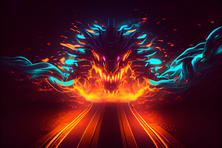 Futuristic illustration of a futuristic railway track with lights and smoke. Fractal illustration of a dragon in the middle of the road. Futuristic abstract background. 3D illustration.の写真素材