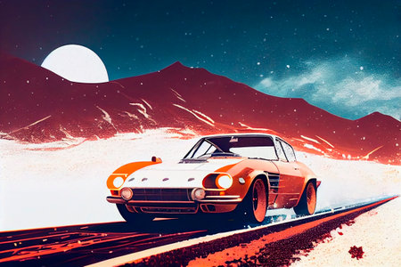 Retro car on the road in the mountains at night with a full moon. 3d rendering, 3d illustration.の写真素材