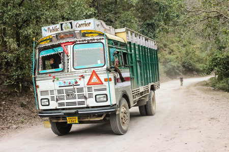 Rishikesh, India - March, 23rd, 2015. Indian truck on the mountain road near Rishikeshのeditorial素材
