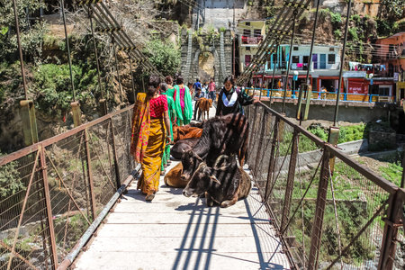 Devprayag, Uttarkhand, India - April, 6th, 2015. View of the bridge over Bhagirathi river