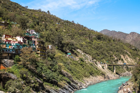 Devprayag, Uttarkhand, India - April, 6th, 2015. View of Devprayag, Uttarkhand, India and Bhagirathi...