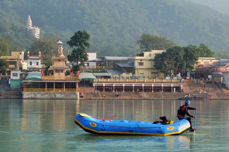 Rishikesh, India - November, 5th, 2017. Rafting on the Ganga river in Rishikesh