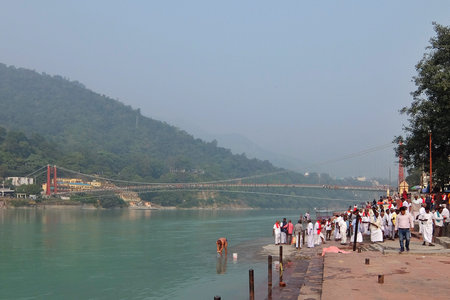 Rishikesh, India - November, 3rd, 2017. Beautiful view of the Ganga river embankment in Rishikesh.
