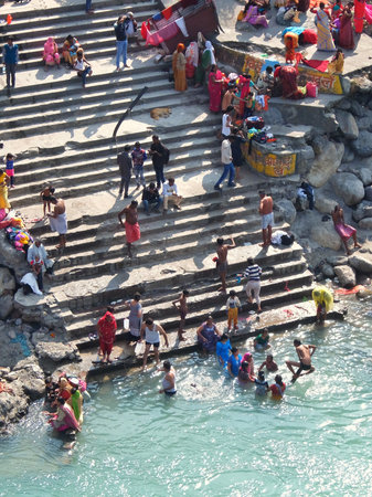 Rishikesh, India - November, 4th, 2017. Beautiful view of the Ganga river embankment from Lakshman...