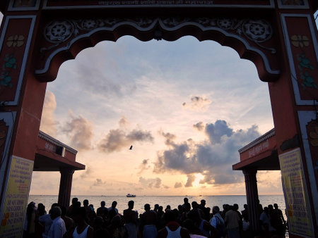 Rameshwaram, India - November, 21st, 2017. Hindu people people bathing in the Arabian Seaのeditorial素材