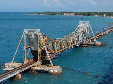 Rameshwaram, India - November, 21st, 2017. View of the Pamban bridge in Rameshwaram. First indian bridge, which connects Pamban island and mainland India.のeditorial素材