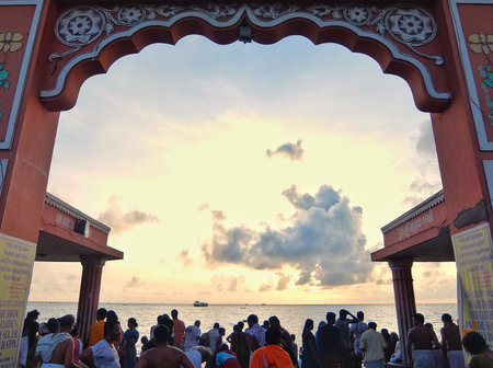 Rameshwaram, India - November, 21st, 2017. Hindu people people bathing in the Arabian Sea