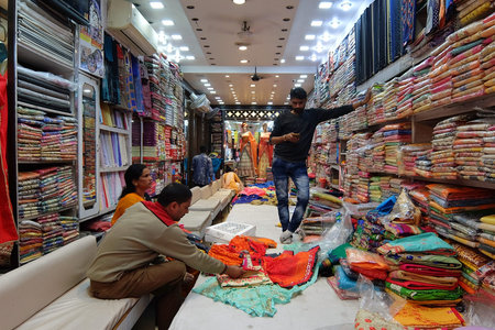 Rishikesh, India - November, 7th, 2017. Saree shop on local market in Rishikesh.のeditorial素材