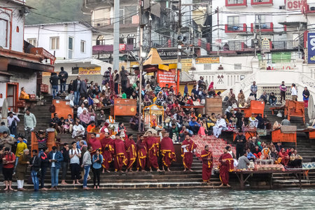 Haridwar, India - December, 11th, 2016. People on the Ganga river embankment, Har Ki Pauri. Har Ki Pauri is a famous ghat on the banks of the Ganges in Haridwar.のeditorial素材