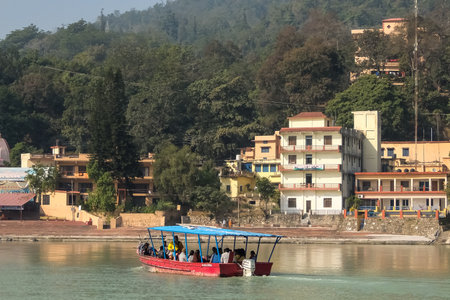 RISHIKESH, INDIA - December, 06th, 2016. Beautiful view of the Ganga river embankment in Rishikeshのeditorial素材