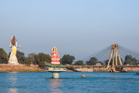 Haridwar, India - December, 11th, 2016. Beautiful view of the Ganga river and Shiva statue in...