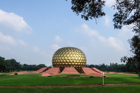 Auroville, India - December, 17th, 2016. Auroville meditation hall. Auroville is a human unity where people could live in peace and progressive harmony above all creeds, politics and nationalities.のeditorial素材