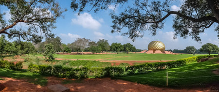Auroville, India - December, 17th, 2016. Auroville meditation hall. Auroville is a human unity where people could live in peace and progressive harmony above all creeds, politics and nationalities.のeditorial素材
