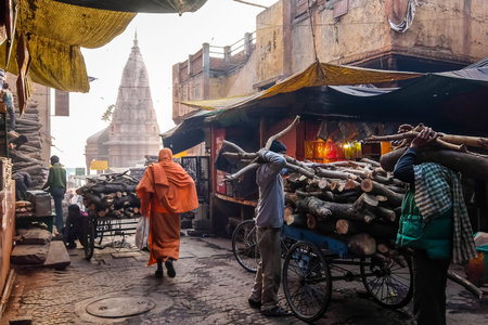 Varanasi, India - December, 9th, 2017. Manikarnika Ghat is one of the ghats in Varanasi and is most...