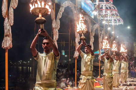 Varanasi, India - December, 9th, 2017. Ganga Aarti ceremony at Dasashvamedh Ghat.のeditorial素材