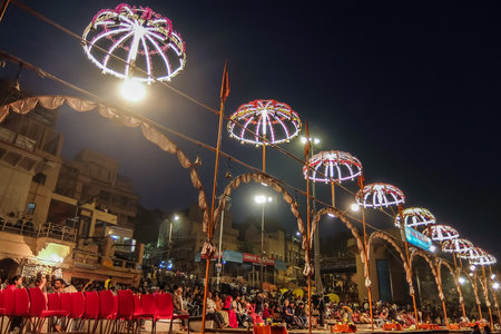 Varanasi, India - December, 9th, 2017. Ganga Aarti ceremony at Dasashvamedh Ghat.のeditorial素材