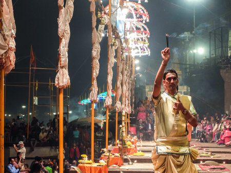 Varanasi, India - December, 9th, 2017. Ganga Aarti ceremony at Dasashvamedh Ghat.のeditorial素材
