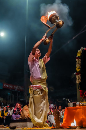 Varanasi, India - December, 11th, 2017. Ganga Aarti ceremony at Dasashvamedh Ghat.のeditorial素材