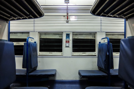 Bangalore, India - December, 23rd, 2017. Indian passenger train interior. New general coach.のeditorial素材