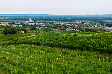 View of small austrian town and green fieldsの写真素材