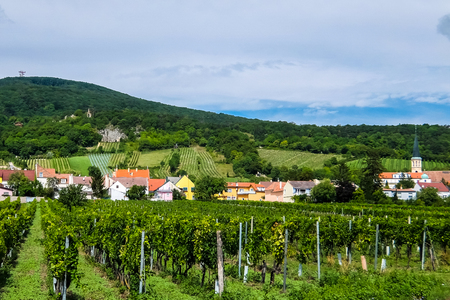 Rural european landscape with fields and houses at cloudy summer dayの写真素材