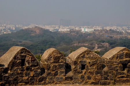 Hyderabad, India - January, 4th, 2018. View of Hyderabad cityscape from Golkonda fort walls.