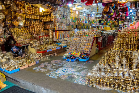 Tirupati, India - Circa January, 2018. Souvenir shop near Balaji temple at Tirumala hill. The most visited place of Hindu pilgrimage. Sri Venkateswara Swamy Vaari Temple, Tirumala, Tirupati.のeditorial素材