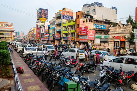Tirupati, India - Circa January, 2018. Road traffic near the railway station in Tirupati.