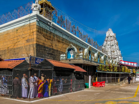 Tirupati, India - Circa January, 2018. Devotees visit Balaji temple at Tirumala hill. The most visited place of Hindu pilgrimage. Sri Venkateswara Swamy Vaari Temple, Tirumala, Tirupati.のeditorial素材