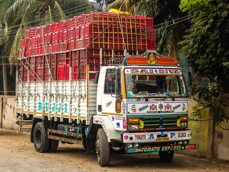 Vijayawada, India - Circa January, 2018. Colorful cargo truck with rich decorative paintings, typical for the trucks in India.のeditorial素材