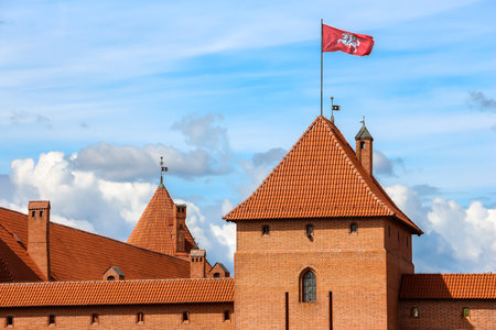 Trakai, Lithuania - Circa August, 2018. View of Trakai castle in sunny day, lake Galve, Lithuania. Details of architecture.のeditorial素材