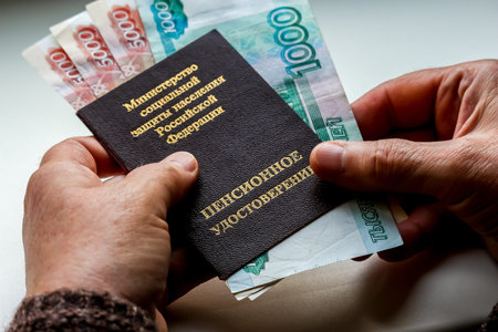 Woman's hands holding russian pension certificate and russian rubles. Russian translation - Ministry of Social Protection of Population of Russian Federation. Pension Certificate.の写真素材