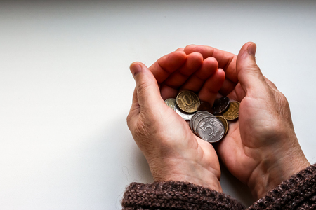 Woman's hands holding russian coins.の写真素材