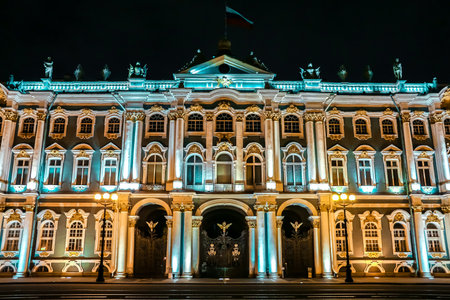 Saint-Petersburg, Russia - Circa October, 2018. View of Hermitage State Museum on Palace square (Dvortsovaya square) at late evening.のeditorial素材