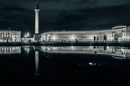 Saint-Petersburg, Russia - Circa October, 2018. View of Alexander column on Palace square (Dvortsovaya square) at late evening.のeditorial素材