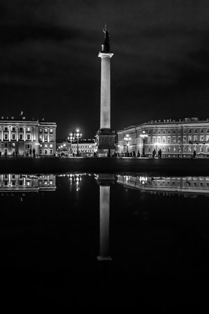 Saint-Petersburg, Russia - Circa October, 2018. View of Alexander column on Palace square (Dvortsovaya square) at late evening.のeditorial素材