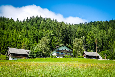 Summer rural mountain landscape with fields, meadow, rural houses and forest in the Alps of Austria.の写真素材