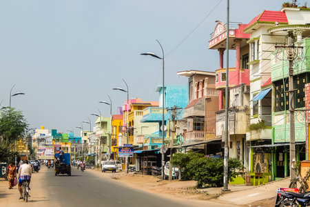 Kanchipuram, India - Circa January, 2018. Street traffic in Kanchipuram.のeditorial素材