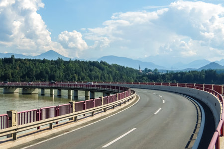 Volkermarkt, Austria - August, 17th, 2017. View of the bridge over the river Drauのeditorial素材