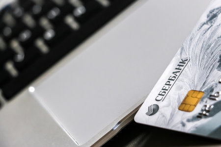 Saint-Petersburg, Russia - Majorca bank, Circa November, 2018. Closeup view of Plastic card of Russian major bankのeditorial素材