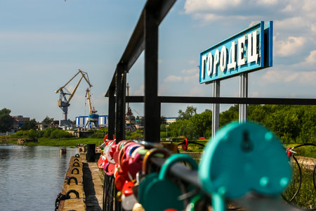 Gorodets, Russia - Circa June, 2018. City pointer Gorodets on he banks of the Volga River. Russia. Russian text on sign - Gogodets.のeditorial素材